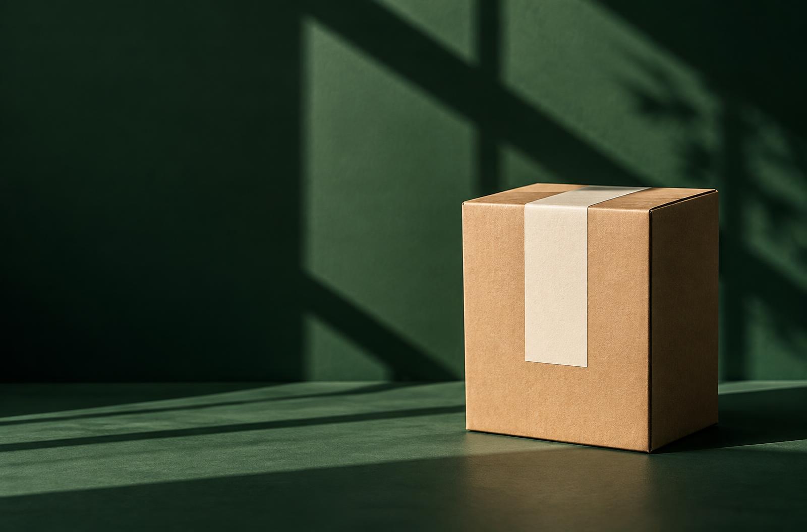 Kraft shipping carton with paper tape on a dark green studio set